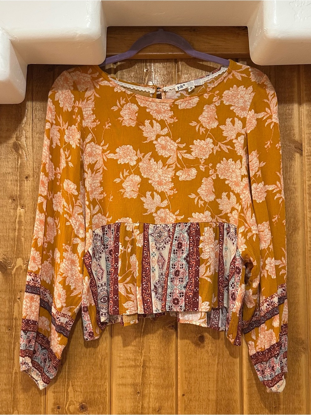 Jolt Top Women's Size Medium Boho Cropped Burnt Orange Brown Floral Print - M